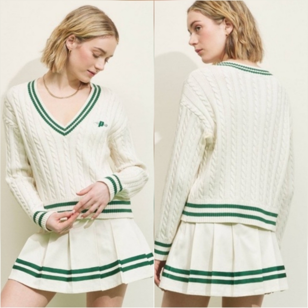 PRINCE New Pickleball Cable Knit Ivory Green Varsity Tennis Prep Sweater SZ XL